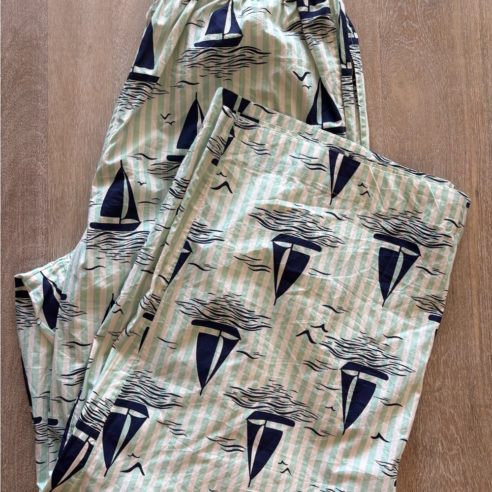 Anthropologie Mint Stripe Pajama Pants with Navy Sailboat Print